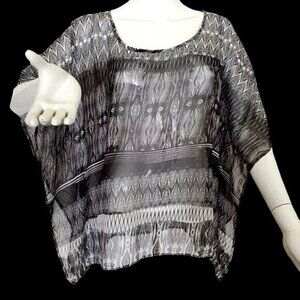 UK2LA Sheer Batwing Top Womens L Black White CoverUp 1/2 Sleeve Lightweight Poly